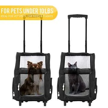 KOPEKS Deluxe Backpack Pet Travel Carrier with Double Wheels for Pets up to 10 Pounds - Black - Approved by Most Airlines