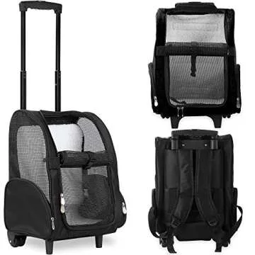 KOPEKS Deluxe Backpack Pet Travel Carrier with Double Wheels for Pets up to 10 Pounds - Black - Approved by Most Airlines