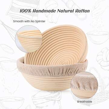 Joyyy Sourdough Bread Proofing Baskets with Liner, Dough Rising Ratten Bowl for Bread Making and Bak...