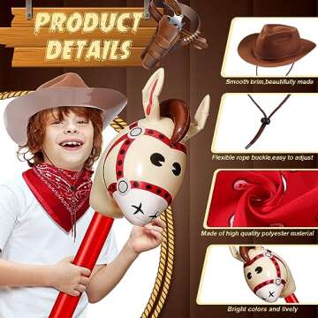 Xtinmee 36 Pcs Cowboy Party Costume Set, Farm Cowboy Hats Paisley Bandanas Inflatable Stick Horses Kids Party Supplies(Multicolor)