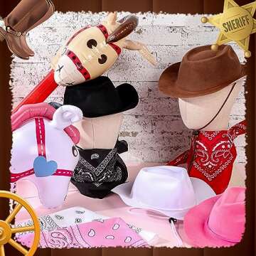 Xtinmee 36 Pcs Cowboy Party Costume Set, Farm Cowboy Hats Paisley Bandanas Inflatable Stick Horses Kids Party Supplies(Multicolor)