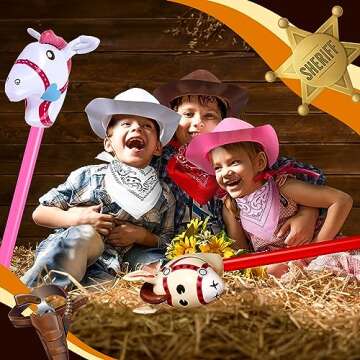 Xtinmee 36 Pcs Cowboy Party Costume Set, Farm Cowboy Hats Paisley Bandanas Inflatable Stick Horses Kids Party Supplies(Multicolor)