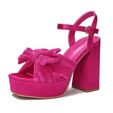 KHPAERMEI Bow Knot Platform Heels for Women Fashion Open Toe Chunky Heeled Sandals Ankle Strap Weddi...