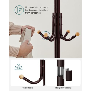 SONGMICS 12-Hook Freestanding Coat Rack Coffee Brown Organizer