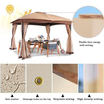Gazebo for Patio, FAB BASED 10x12 Gazebo, Double Vent Canopy Gazebo, Outdoor Gazebo with Privacy Netting, Easy Setup Patio Pavilion with Steel Frame Strong Legs for Lawn, Backyard, and Deck(Khaki)