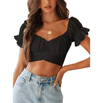 LYANER Women's Off Shoulder Ruffle Crop Top Summer Blouse
