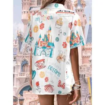 Magical Shirt for Women Magic Hawaiian Shirts Funny Castle Graphic Tee Family Holiday Vacation Button Up Tops