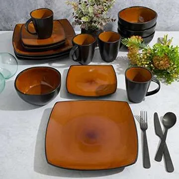 Gibson Soho Lounge Square Reactive Glaze Stoneware Dinnerware Set, Service for 4 (16pc), Amber