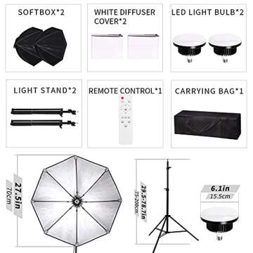 Octagonal Softbox Lighting Kit,Photography Lighting Video Studio Light with 85W E27 3000-6500K Dimmable LED Light Bulb Professional Studio Equipment for Portrait Photography, Video Recording