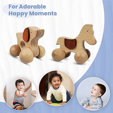 TEKOR Wooden Animal Push Toy with Wheels for Baby and Toddler Grasping & Teething - Montessori Wood Animal Car Set for Skill and Motor Development, Smooth, No Rough Edges (Package of 2 Toys)