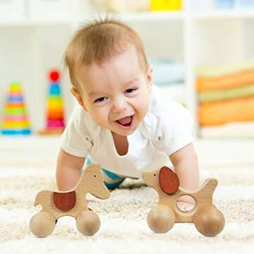 TEKOR Wooden Animal Push Toy with Wheels for Baby and Toddler Grasping & Teething - Montessori Wood Animal Car Set for Skill and Motor Development, Smooth, No Rough Edges (Package of 2 Toys)