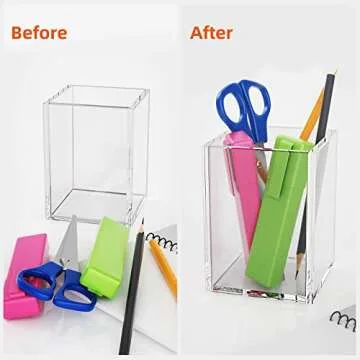Richboom Clear Acrylic Pen Pencil Holder Cup, Makeup Brush Storage Organizer, Desk Accessories Holder Desktop Stationery Organizer for Office School Home Supplies