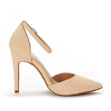 DREAM PAIRS Women's Oppointed-Lacey Pointed Toe Ankle Strap High Heel Stiletto Pumps Wedding Dress Shoes,Size 7.5,Nude/Nubuck,Oppointed_Lacey