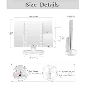 Flymiro Tri-fold Lighted Vanity Makeup Mirror with 3x/2x Magnification,21 LEDs Light and Touch Screen,180 Degree Free Rotation Countertop Cosmetic Mirror,Travel (White)
