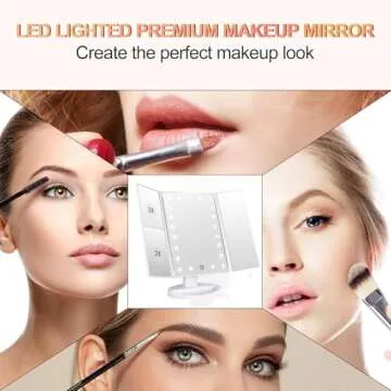 Flymiro Tri-fold Lighted Vanity Makeup Mirror with 3x/2x Magnification,21 LEDs Light and Touch Screen,180 Degree Free Rotation Countertop Cosmetic Mirror,Travel (White)