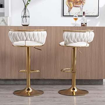 DUOMAY Modern Swivel Bar Stools Set of 2, Velvet Adjustable Height Barstools Low Back Kitchen Island Counter Bar Chair with Golden Base, White