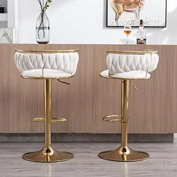 DUOMAY Modern Swivel Bar Stools Set of 2, Velvet Adjustable Height Barstools Low Back Kitchen Island Counter Bar Chair with Golden Base, White