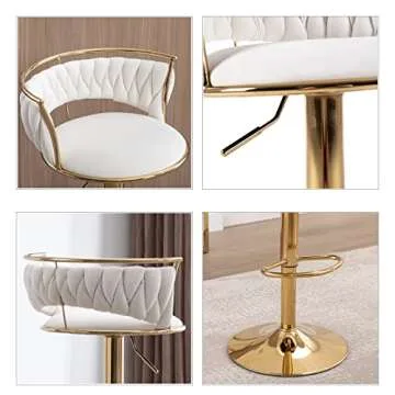 DUOMAY Modern Swivel Bar Stools Set of 2, Velvet Adjustable Height Barstools Low Back Kitchen Island Counter Bar Chair with Golden Base, White