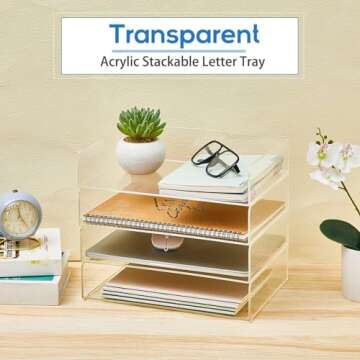 Harloon 4 Tier Acrylic Paper Tray Stackable Letter Clear Organizer No Need to Assemble Acrylic Paper Organizer File Tray for Office Workspace Desktop Storage(12.4 x 8.74 x 2.68 Inch)