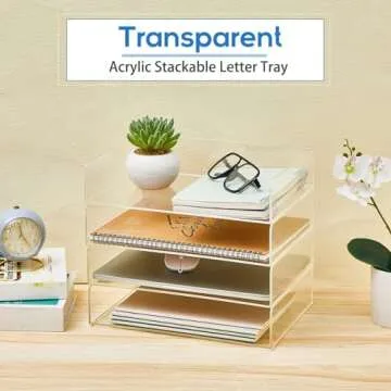 Harloon 4 Tier Acrylic Paper Tray Stackable Letter Clear Organizer No Need to Assemble Acrylic Paper Organizer File Tray for Office Workspace Desktop Storage(12.4 x 8.74 x 2.68 Inch)