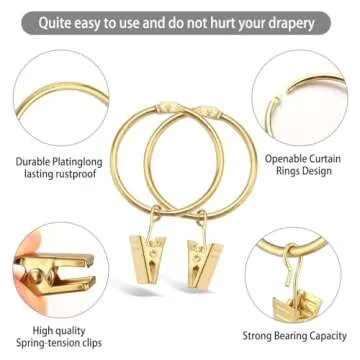 Fivebop 40 Pack Rings Curtain Clips Rustproof Metal Window Drapery Decorative Clips Vintage Heavy Duty Eyelet Curtain Rods Hangers Rings with Hooks, 1.5In Inner Diameter (Gold-Open)