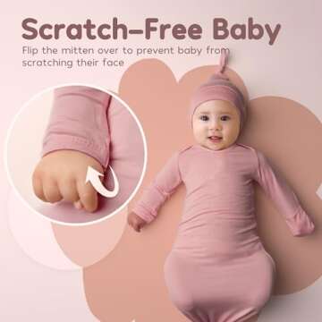 Newborn Baby Knotted Gown, Ultra Soft Silky Infant Long Sleeve Sleeper with Tie Bottom, Baby Girl Sleep Gown with Mittens, Bow, and Hat Set