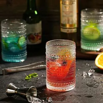 Dingerjar Hobnail Drinking Glasses set of 6（13 oz） Hobnail Water KItchen Glassware, Embossed Vintage Juice Glasses Tall Bar Drinkware