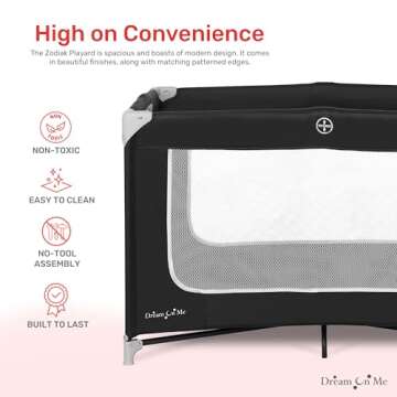 Dream On Me Zodiak Portable Playard in Black, Lightweight, Packable and Easy Setup Baby Playard, Breathable Mesh Sides and Soft Fabric - Comes with a Removable Padded Mat