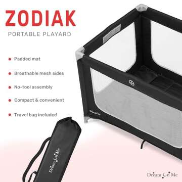 Dream On Me Zodiak Portable Playard in Black, Lightweight, Packable and Easy Setup Baby Playard, Breathable Mesh Sides and Soft Fabric - Comes with a Removable Padded Mat