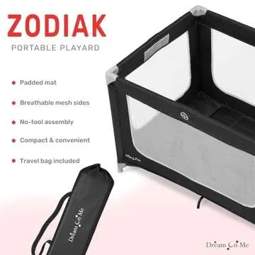 Dream On Me Zodiak Portable Playard in Black, Lightweight, Packable and Easy Setup Baby Playard, Breathable Mesh Sides and Soft Fabric - Comes with a Removable Padded Mat