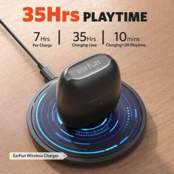 EarFun® Air True Wireless Earbuds, Bluetooth Earbuds with 4 Mics, Sweatshield™ IPX7 Waterproof with Volume Control, USB-C Fast Charge, in-Ear Headphones with Wireless Charging, Deep Bass, 35H Playtime