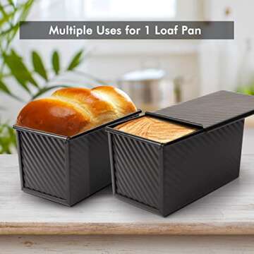 Beasea Pullman Loaf Pan with Lid, 2 Pack Non-Stick Black Bread Loaf Pans for Homemade Bread 1 lb Carbon Steel Bread Toast Box with Cover for Bakeware Bread Toast Oven Baking