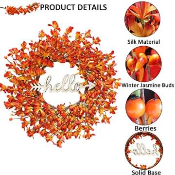 TOKCARE 22 Inch Orange Forsythia Wreaths for Front Door, Outdoor Fall Door Wreath with Berries Autumn Wreath for Front Door Valentine, Wedding Wall Home Thanksgiving Decor