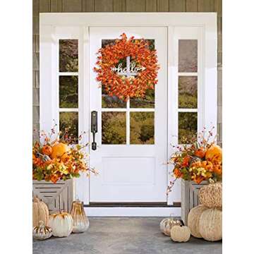 TOKCARE 22 Inch Orange Forsythia Wreaths for Front Door, Outdoor Fall Door Wreath with Berries Autumn Wreath for Front Door Valentine, Wedding Wall Home Thanksgiving Decor