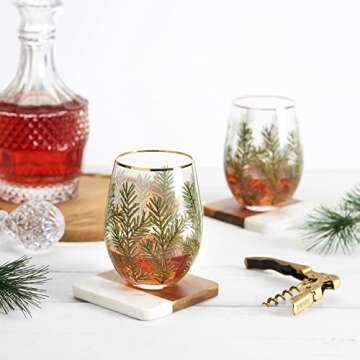 Twine Woodland Stemless Wine Glasses, Festive Gold Rim Tumblers, Decorative Barware, 16 Oz Set of 2