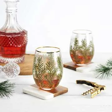 Twine Woodland Stemless Wine Glasses, Festive Gold Rim Tumblers, Decorative Barware, 16 Oz Set of 2