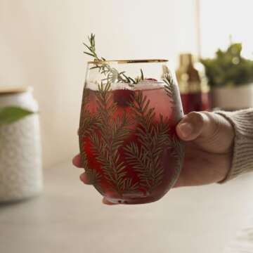 Twine Woodland Stemless Wine Glasses, Festive Gold Rim Tumblers, Decorative Barware, 16 Oz Set of 2