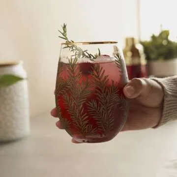 Twine Woodland Stemless Wine Glasses, Festive Gold Rim Tumblers, Decorative Barware, 16 Oz Set of 2