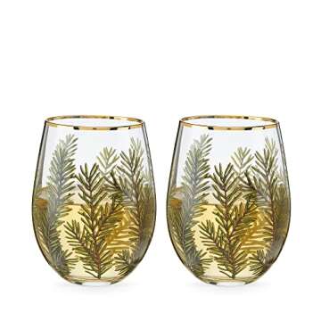 Twine Woodland Stemless Wine Glasses, Festive Gold Rim Tumblers, Decorative Barware, 16 Oz Set of 2