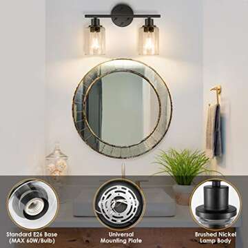 FOLKSMATE Bathroom Light Fixtures, 2 Light Matte Black Vanity Light, Vintage Wall Sconces Lighting, ...
