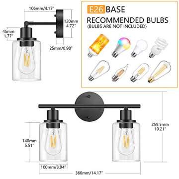 FOLKSMATE Bathroom Light Fixtures, 2 Light Matte Black Vanity Light, Vintage Wall Sconces Lighting, Modern Bath Wall Mounted Lights with Glass Shade
