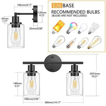FOLKSMATE Bathroom Light Fixtures, 2 Light Matte Black Vanity Light, Vintage Wall Sconces Lighting, Modern Bath Wall Mounted Lights with Glass Shade