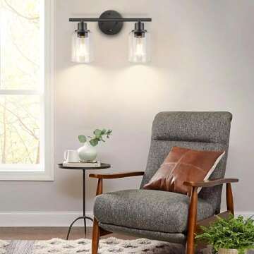 FOLKSMATE Bathroom Light Fixtures, 2 Light Matte Black Vanity Light, Vintage Wall Sconces Lighting, Modern Bath Wall Mounted Lights with Glass Shade