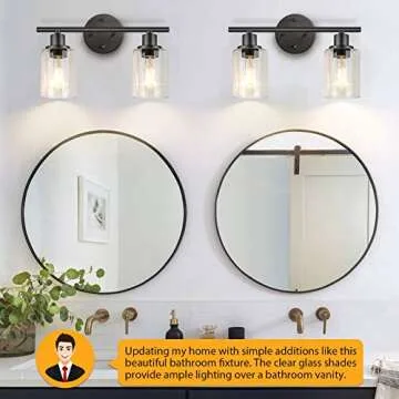 FOLKSMATE Bathroom Light Fixtures, 2 Light Matte Black Vanity Light, Vintage Wall Sconces Lighting, Modern Bath Wall Mounted Lights with Glass Shade