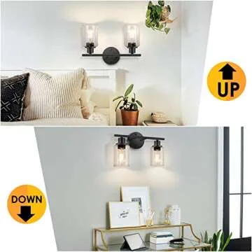 FOLKSMATE Bathroom Light Fixtures, 2 Light Matte Black Vanity Light, Vintage Wall Sconces Lighting, Modern Bath Wall Mounted Lights with Glass Shade