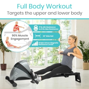 Vive Rowing Machine - Magnetic Row Equipment - Foldable Exercise Workout Rower for Women and Men - at Home Seated Indoor Fitness Device - Portable with Digital Monitor and Adjustable Resistances