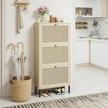 ZeHuoGe Natural Rattan Cabinet with 3 Flip Drawers, Free Standing Modern 3-Tier Shoe Storage Rack fo...