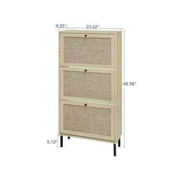 ZeHuoGe Natural Rattan Cabinet with 3 Flip Drawers, Free Standing Modern 3-Tier Shoe Storage Rack for Heels, Slippers, Entrance Hallway Entryway （3 Drawers）