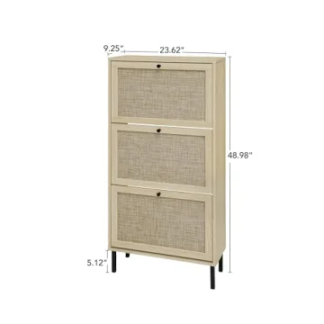 ZeHuoGe Natural Rattan Cabinet with 3 Flip Drawers, Free Standing Modern 3-Tier Shoe Storage Rack for Heels, Slippers, Entrance Hallway Entryway （3 Drawers）