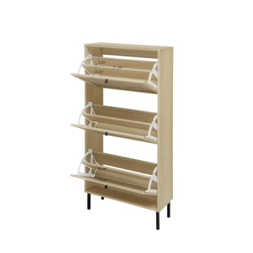 ZeHuoGe Natural Rattan Cabinet with 3 Flip Drawers, Free Standing Modern 3-Tier Shoe Storage Rack for Heels, Slippers, Entrance Hallway Entryway （3 Drawers）